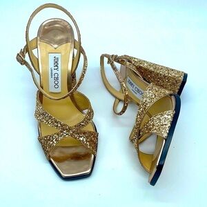 Jimmy Choo Gold Metallic glitter Joya Block heel strappy sandals 38
